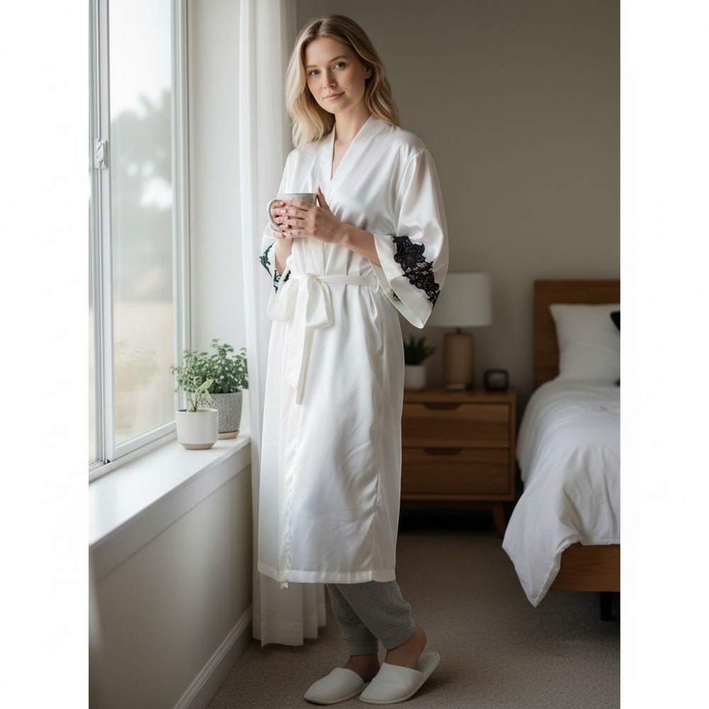 Private Luxuries Natori Ivory Satin Robe Black Lace Trim Wrap Belted Womens Sz S